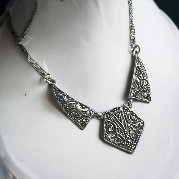 Vintage Art Deco 1920s Marcasite Sterling Silver Pendant Necklace - Picture 4 of 16